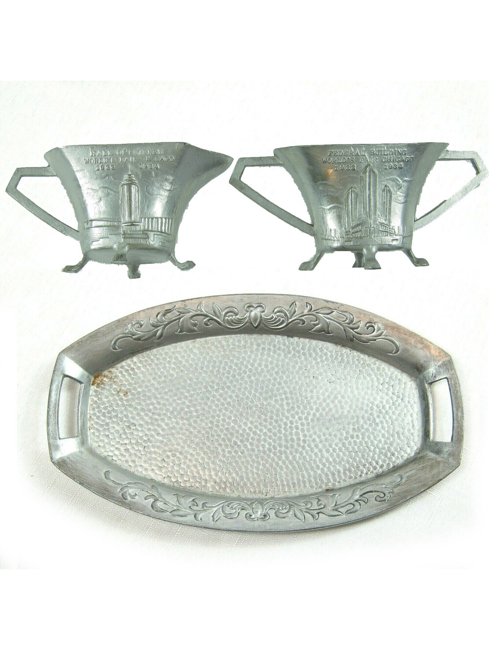 1933-34 Chicago Worlds Fair Creamer Sugar Tray Set Hall Science Federal Building